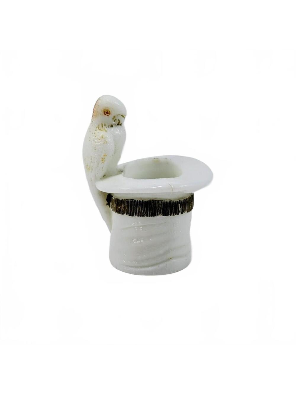 EAPG Milk Glass Parrot on Top Hat Toothpick Holder